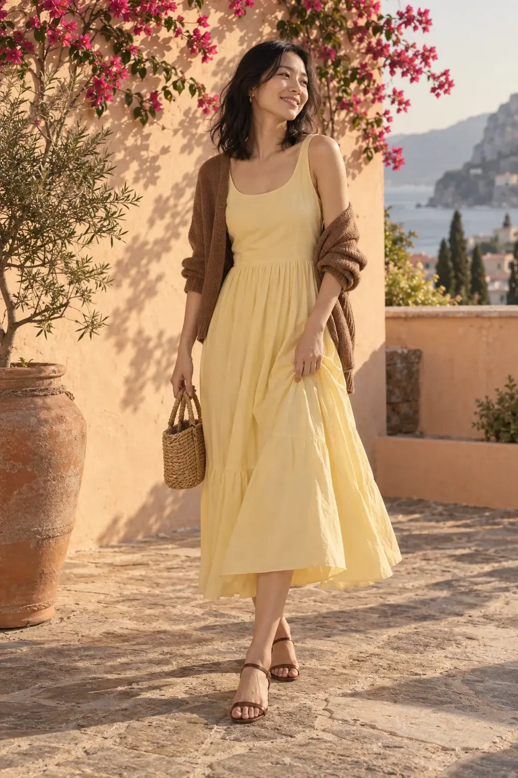 A butter-yellow dress, brown cardigan and a little afternoon sun